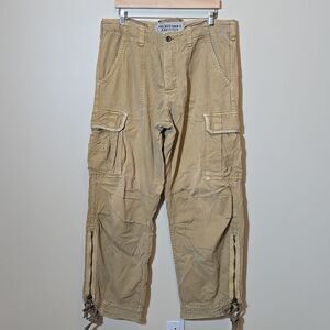Y2K Tan Cargo Paratrooper Pants Military Baggy A&F Button Fly XL